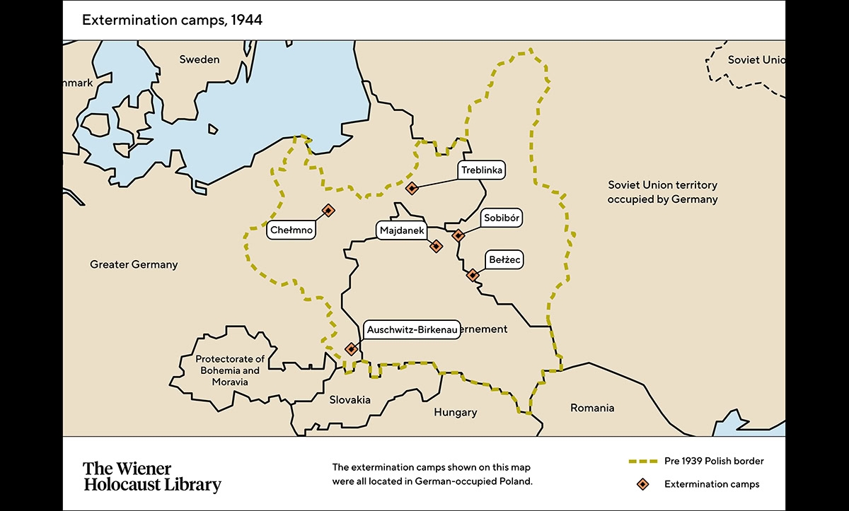 Map of Operation Reinhardt extermination camps in German-Occupied Poland in 1942, including Treblinka in the north. 