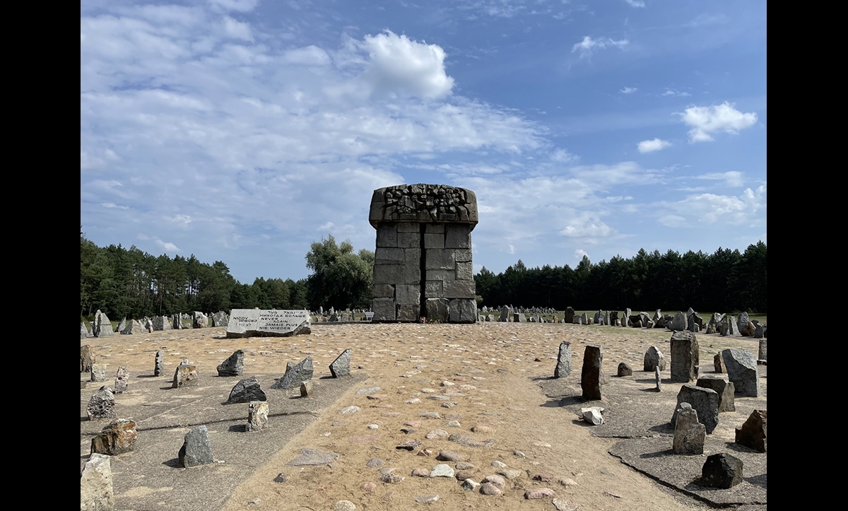 The Treblinka Memorial in June 2022. The large stone structure is located on the spot where the ‘new’ gas chambers stood. These eight to ten new gas chambers were built between August and September 1942 after the ‘old’ three gas chambers were deemed inefficient to the killing process. 