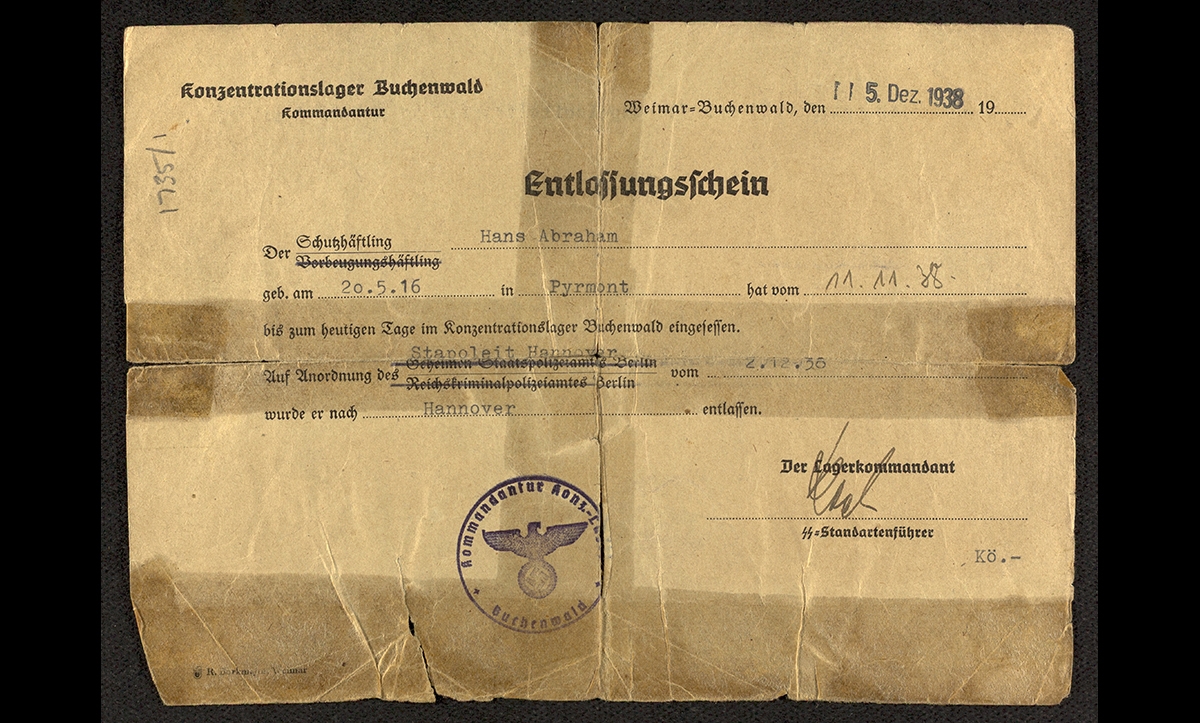 Hans Israel Abraham was born in Bad Pyrmont, Lower Saxony, in 1916 where he lived and worked as a merchant. He was arrested during Kristallnacht in 1938 and sent to Buchenwald. This is his release permit, issued in December 1938. Immediately after his release he fled to England, where he changed his name to Harry Edward Anderson and joined the British Army.  