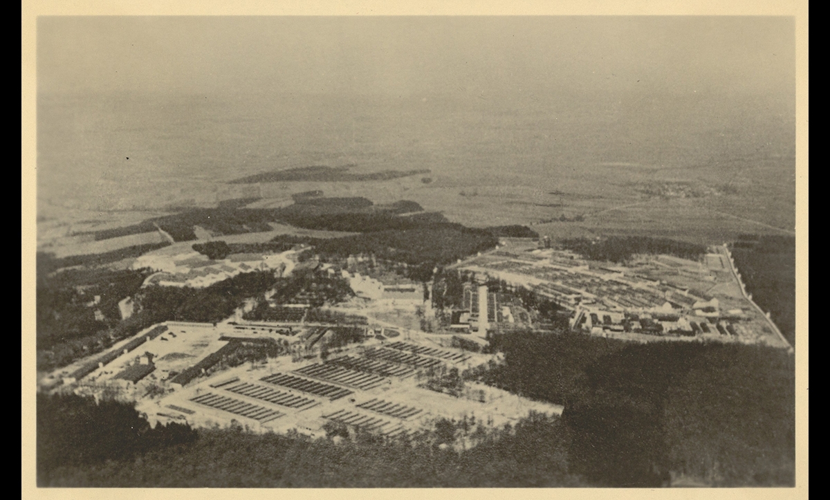This is an aerial photo of Buchenwald taken some time between 1945 and 1950. After the camp was closed and handed to Soviet troops in 1945, the Soviets used it as an internment camp where former Nazis and anti-communist dissidents were imprisoned.