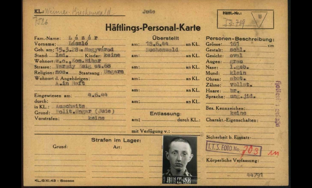 Buchenwald had a particularly high number of child and adolescent prisoners by the end of the war. In December 1944, over a third of the prisoners were under 20. This is the registration card of Israel Laszlo Lazar, who was born in Romania in 1930. He grew up in Nagyvarad in Hungary, from where his family were eventually deported to Auschwitz in 1944. He was told to lie about his age to survive the selection on his arrival at the camp, which is why this card lists his birthday as 1928, making him 16 when he was only 14. He was transferred to Buchenwald in June 1944, where he worked as a forced labourer in a sub-camp and was liberated by the US Army. 