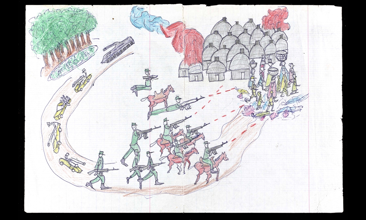 One of five hundred children’s drawings collected by Waging Peace showing killings, bombing and looting committed by government troops. In November 2007, the drawings were accepted by the International Criminal Court as contextual evidence of the crimes committed in Darfur.