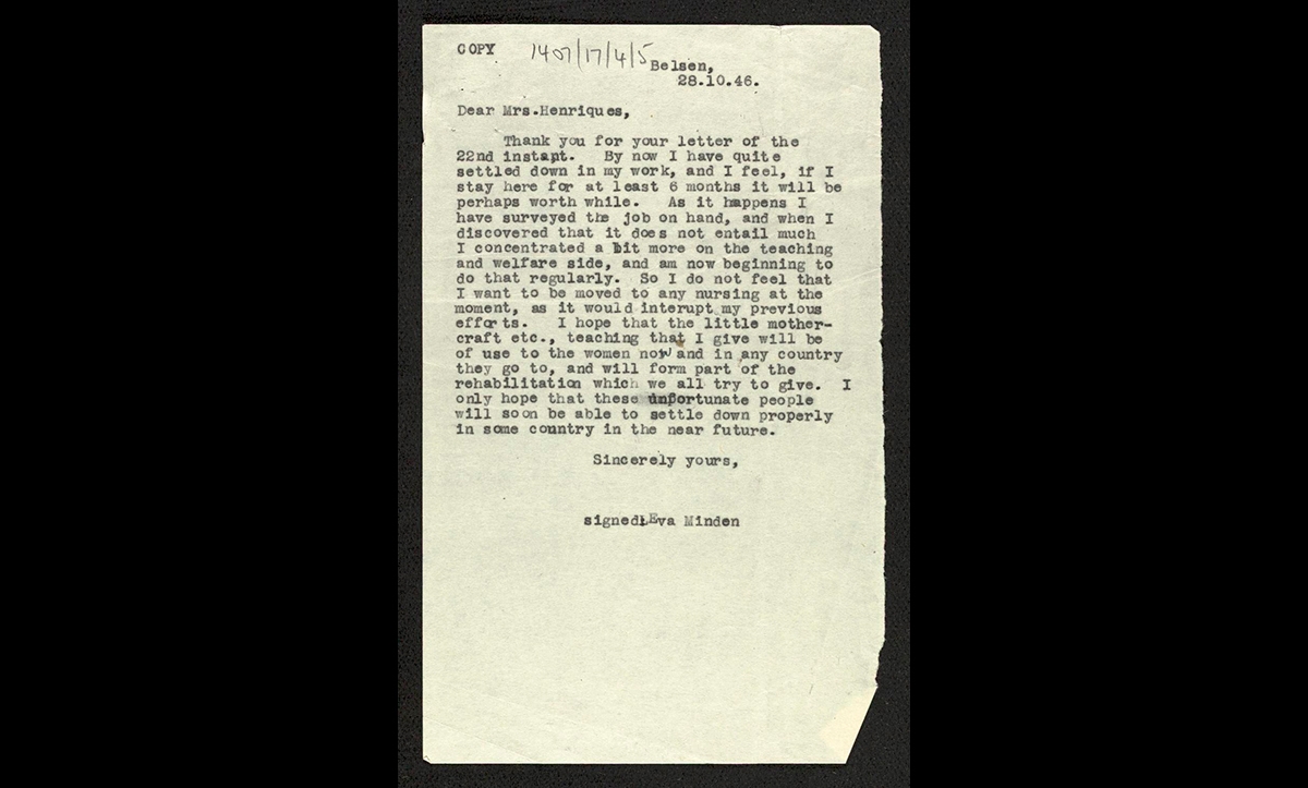 This is a letter from Eva Minden to Rose Henriques, who was the head of the JCRA in Germany, soon after she arrived in Belsen. In the letter, Eva refers to teaching she is doing – she helped train survivors as nurses so that they would be able to find work in their new countries. 