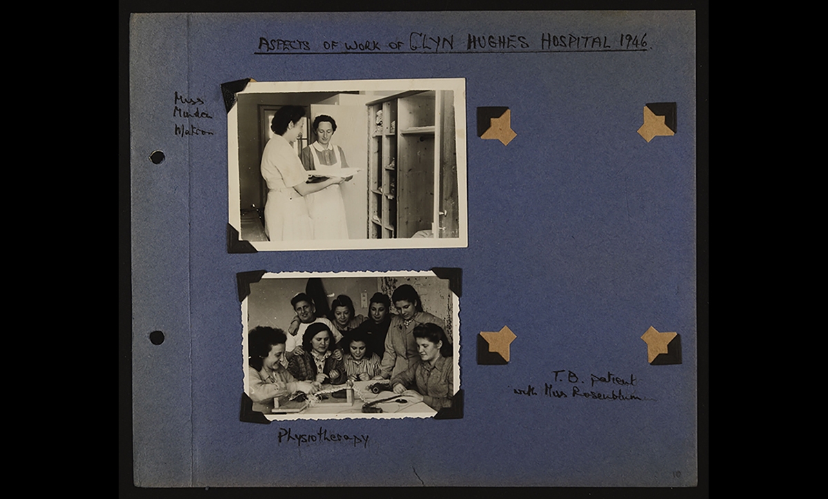 This page from a photo album compiled by the Jewish Committee for Relief Abroad (JCRA) shows scenes from the Glyn Hughes Hospital at Belsen. The top photo shows Eva Minden, a Jewish Relief Unit worker who became matron of the hospital. The bottom photo shows patients with tuberculosis engaged in handicraft work as part of their physical treatment. 