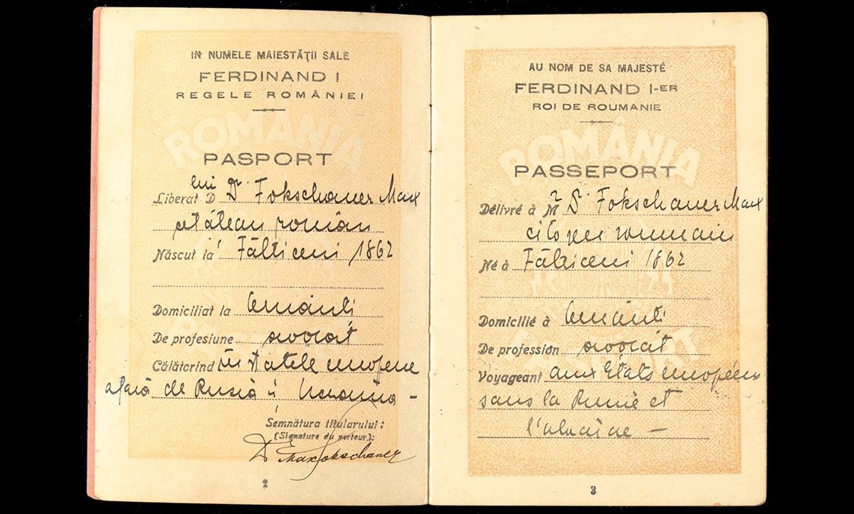 Max Fokschaner was born in the city of Czernowitz (now Chernivtsi, Ukraine) in 1862 under Austro-Hungarian rule. This is his Romanian passport, issued sometime after the end of World War I, when Czernowitz became part of the Kingdom of Romania. Max was a lawyer and parliamentarian who represented the region’s Jewish community therefore part of the city’s Jewish elite. Before WWII, Czernowitz had a very large Jewish population; almost half of the city’s inhabitants were Jews in 1930.