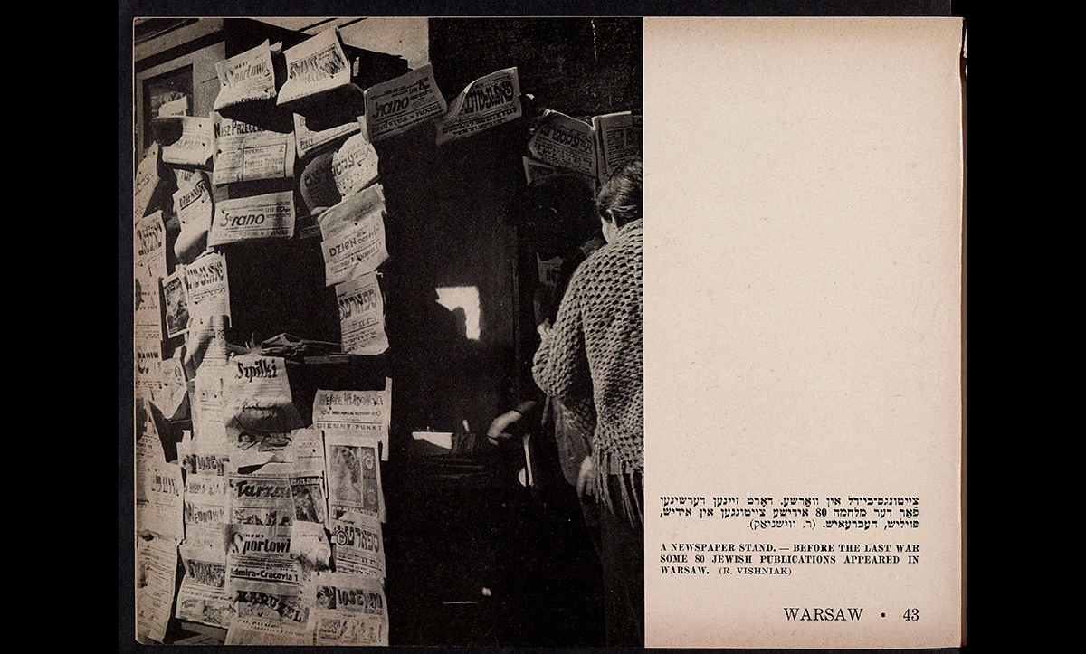 This photograph shows a newspaper stand in pre-war Warsaw, with both Yiddish and Polish-language newspapers. Many if not most eastern European Jews were bilingual, speaking Yiddish alongside the language of the country they lived in. This photograph comes from a book entitled The Vanished World, published in 1947 by The Forward newspaper in New York, which collated photography of the destroyed Jewish communities of eastern Europe.